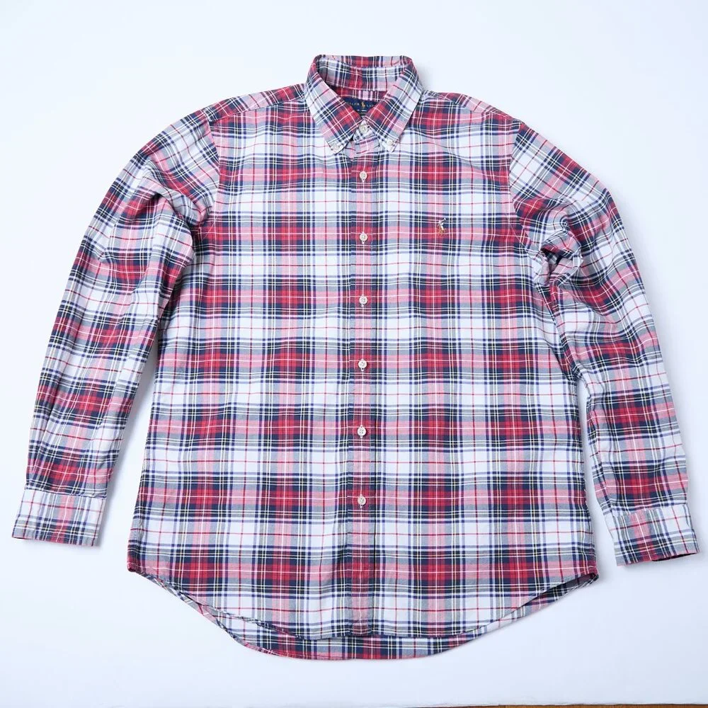 Ralph Lauren Oxford Flesh Pony Classic Fit Long Sleeve Plaid Button Up Shirt L